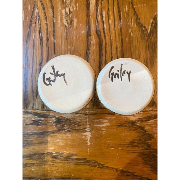 Vintage Handcrafted Ceramic Candleholders Signed 3" Tall Blue & Brown Glazed Fin - Picture 6 of 6